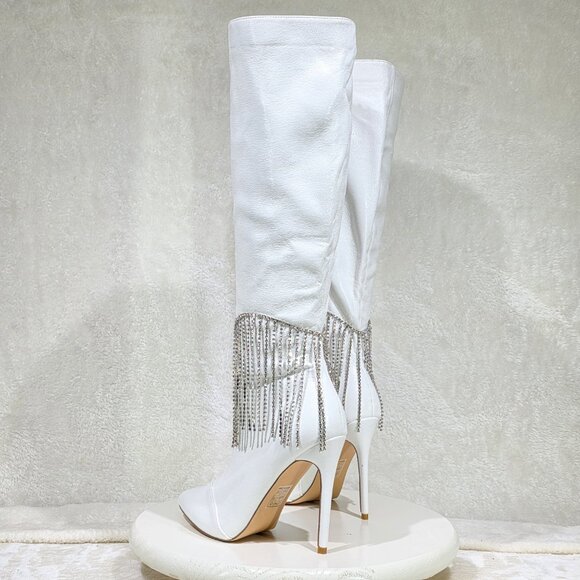 Sway White Knee High Boots Stiletto Heels Icicle Fringe - Picture 6 of 10